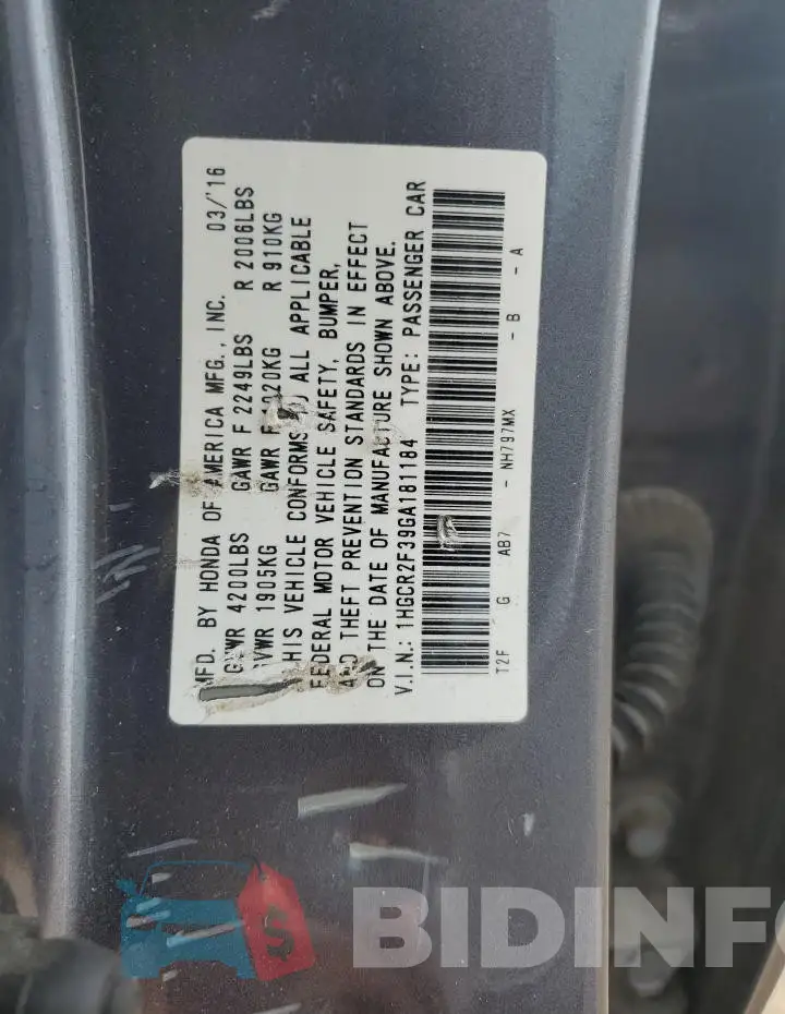 1HGCR2F39GA181184 Photo# 12