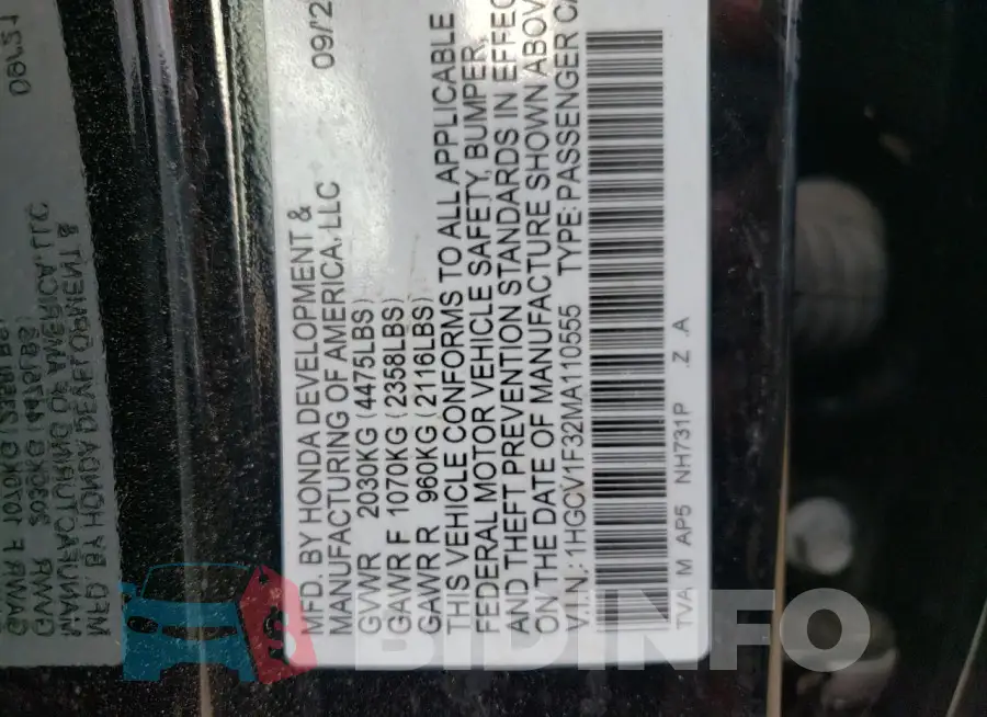 1HGCV1F32MA110555 Photo# 12