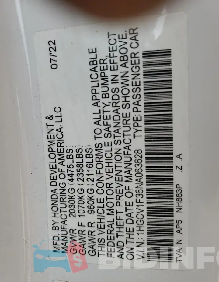 1HGCV1F36NA063628 Photo# 12