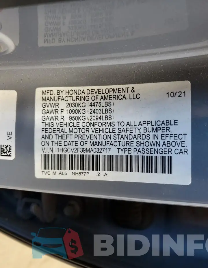 1HGCV2F39MA032717 Photo# 12