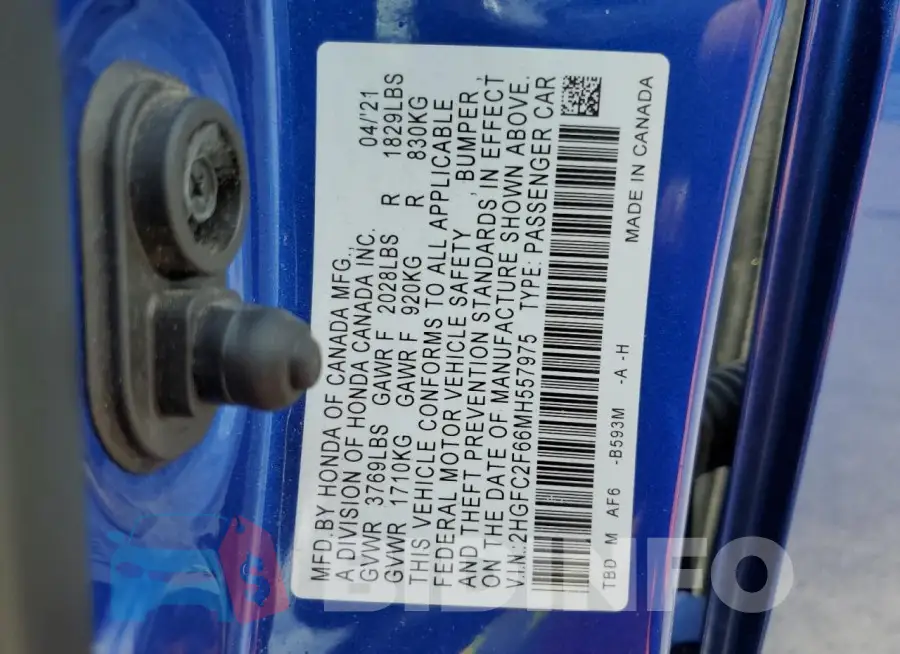2HGFC2F66MH557975 Photo# 13