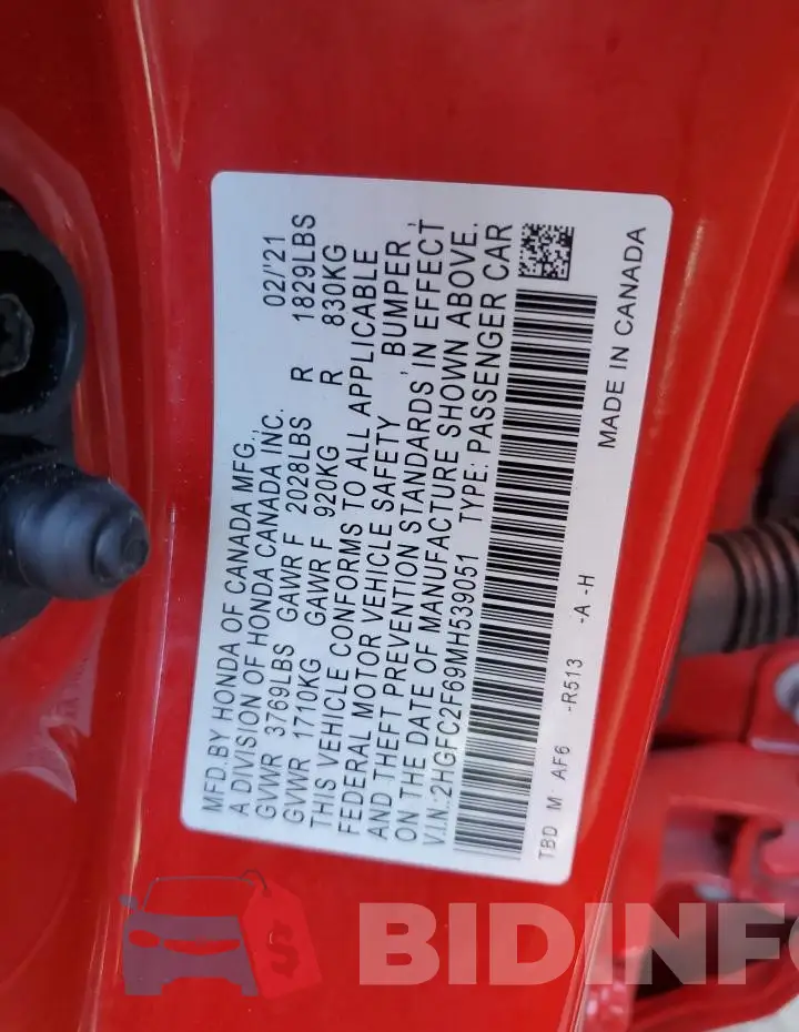 2HGFC2F69MH539051 Photo# 13