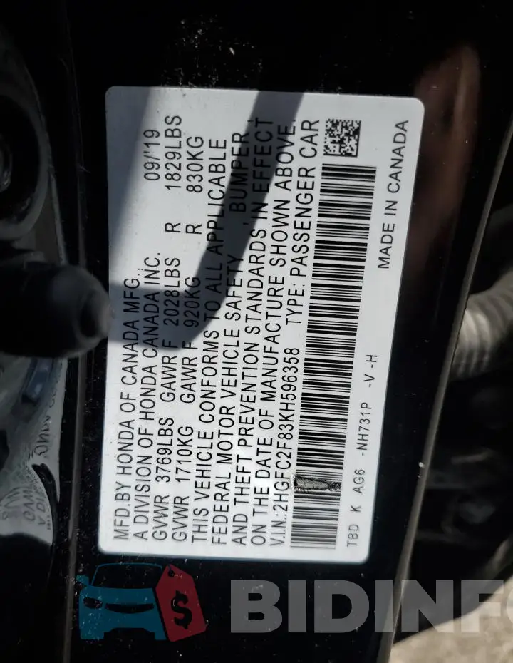 2HGFC2F83KH596358 Photo# 12