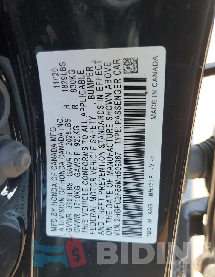 2HGFC2F85MH509367 Photo# 12