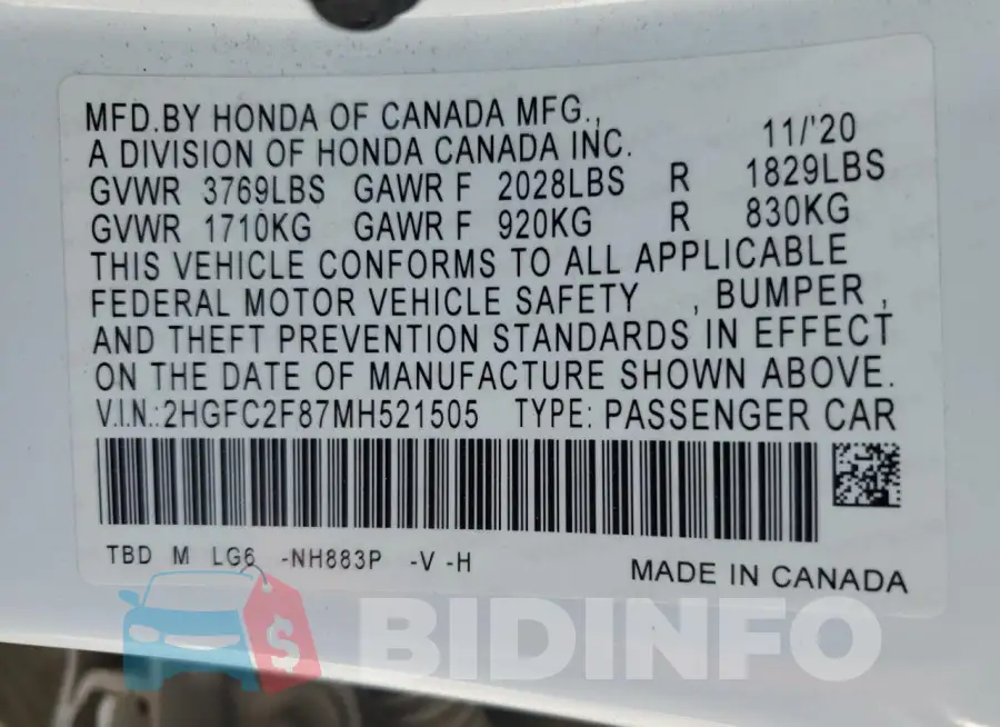 2HGFC2F87MH521505 Photo# 12