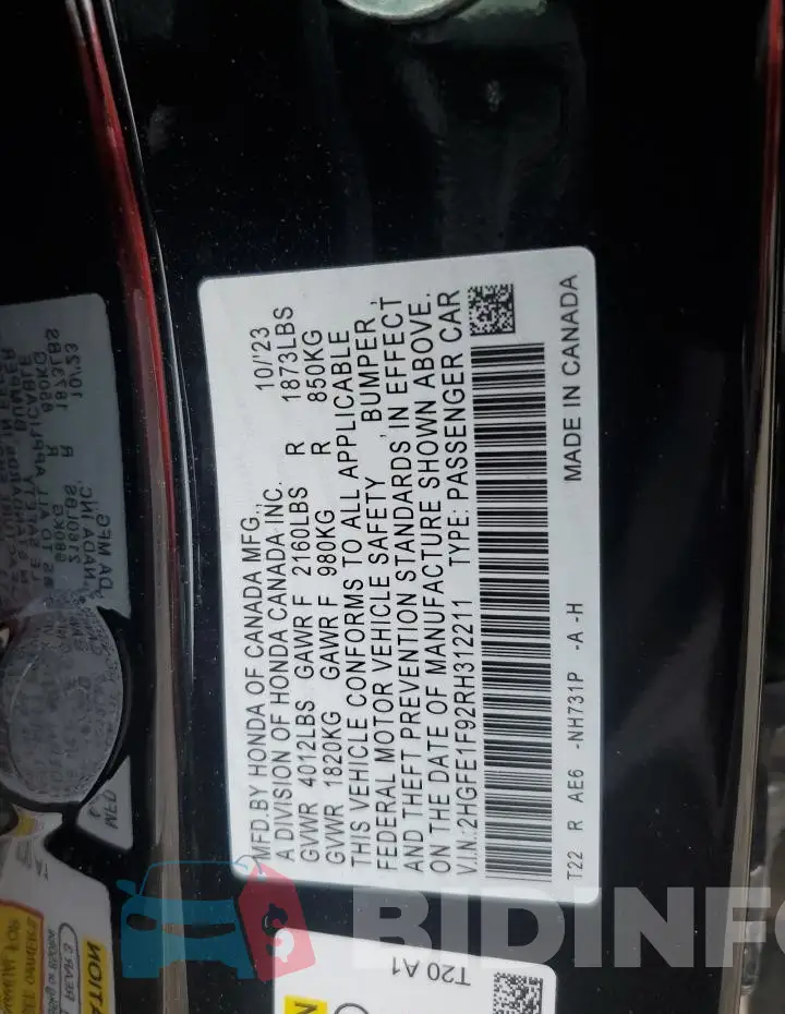 2HGFE1F92RH312211 Photo# 12