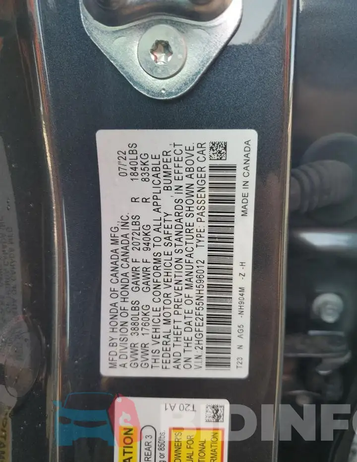 2HGFE2F55NH596012 Photo# 12