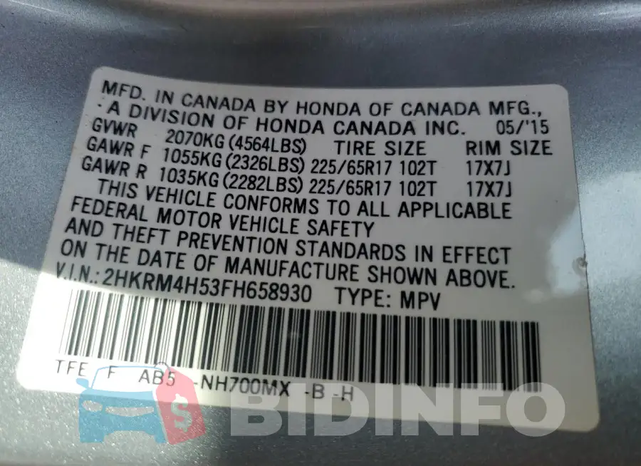 2HKRM4H53FH658930 Photo# 12