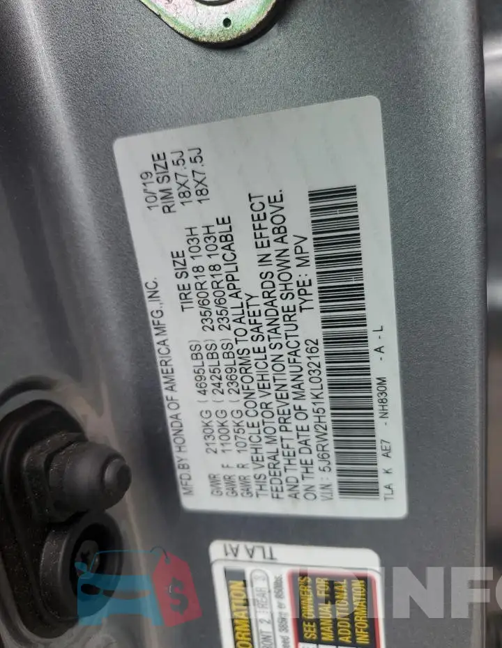 5J6RW2H51KL032162 Photo# 12