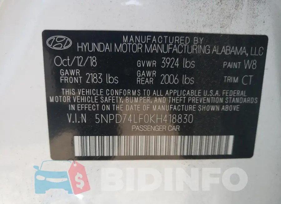 5NPD74LF0KH418830 Photo# 13