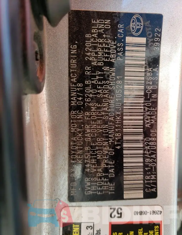 4T1B11HKXJU105281 Photo# 12