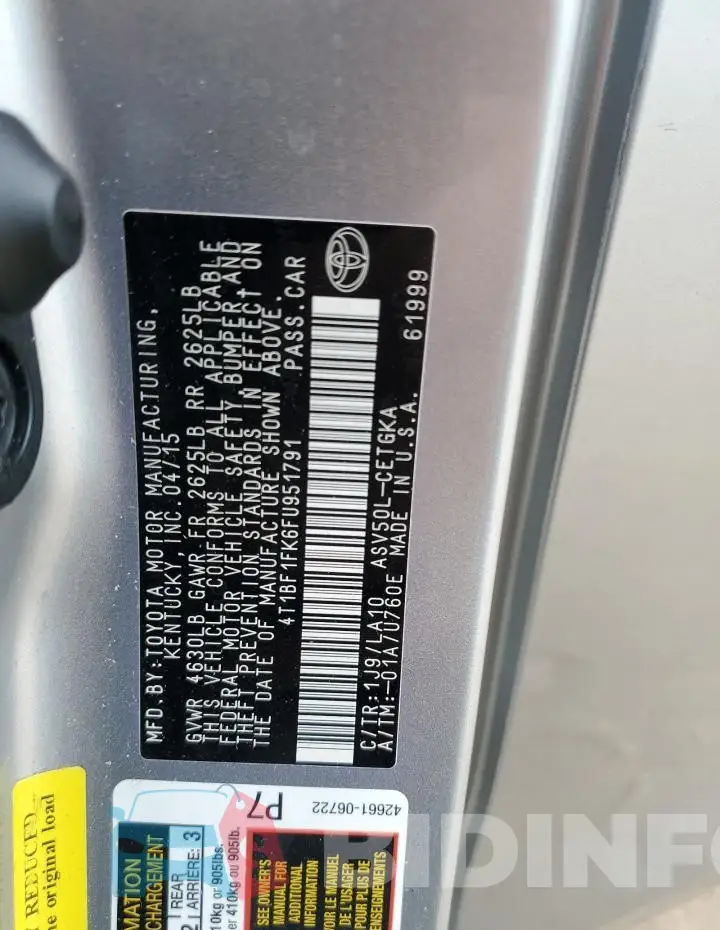 4T1BF1FK6FU951791 Photo# 12