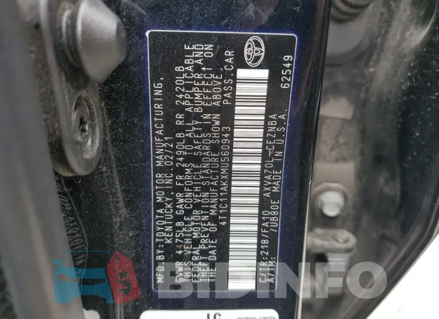 4T1C11AKXMU560943 Photo# 13