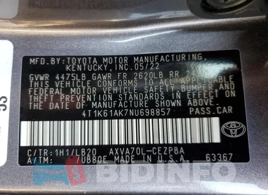 4T1K61AK7NU698857 Photo# 13