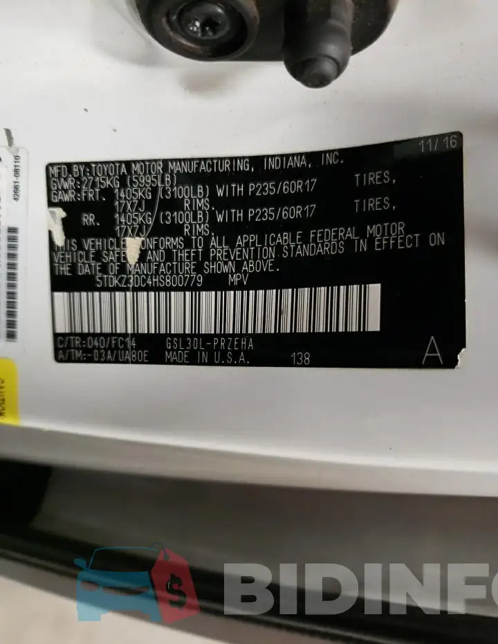 5TDKZ3DC4HS800779 Photo# 13