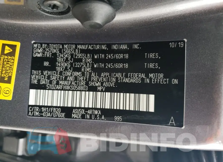 5TDZARFHXKS058803 Photo# 13