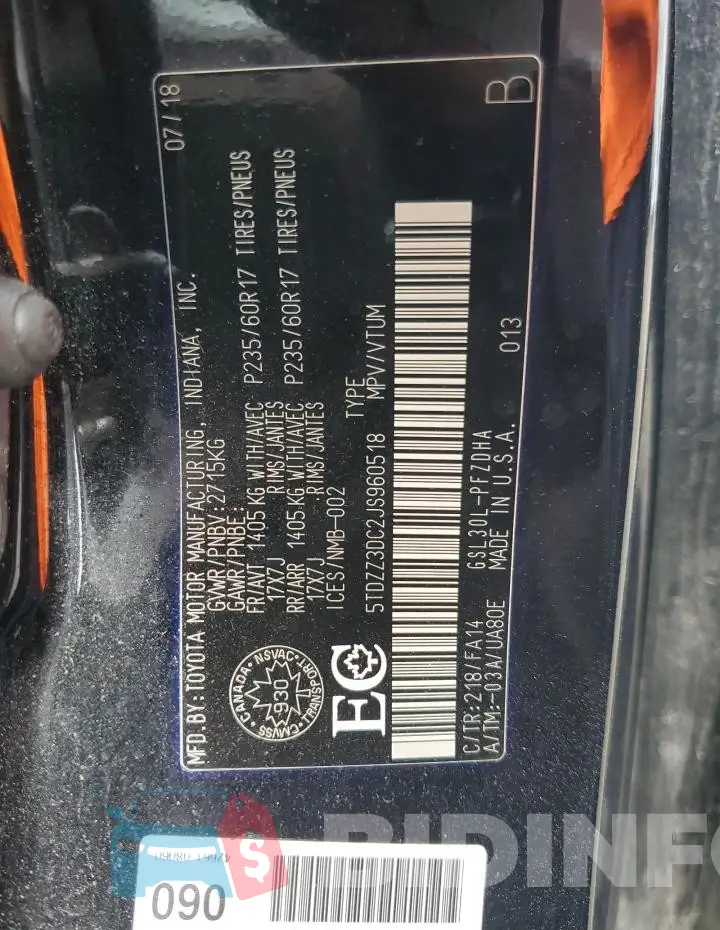 5TDZZ3DC2JS960518 Photo# 13