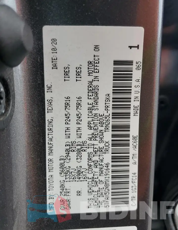 5TFAX5GN8MX191646 Photo# 12
