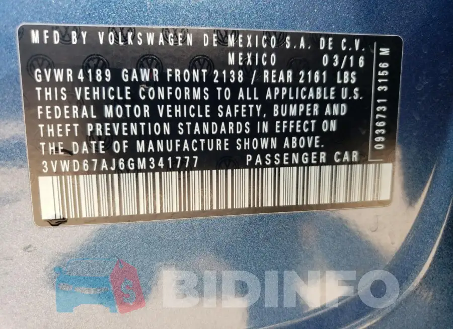 3VWD67AJ6GM341777 Photo# 13
