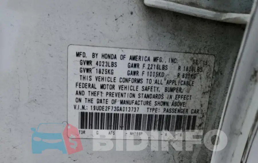 19UDE2F73GA013737 Photo# 10