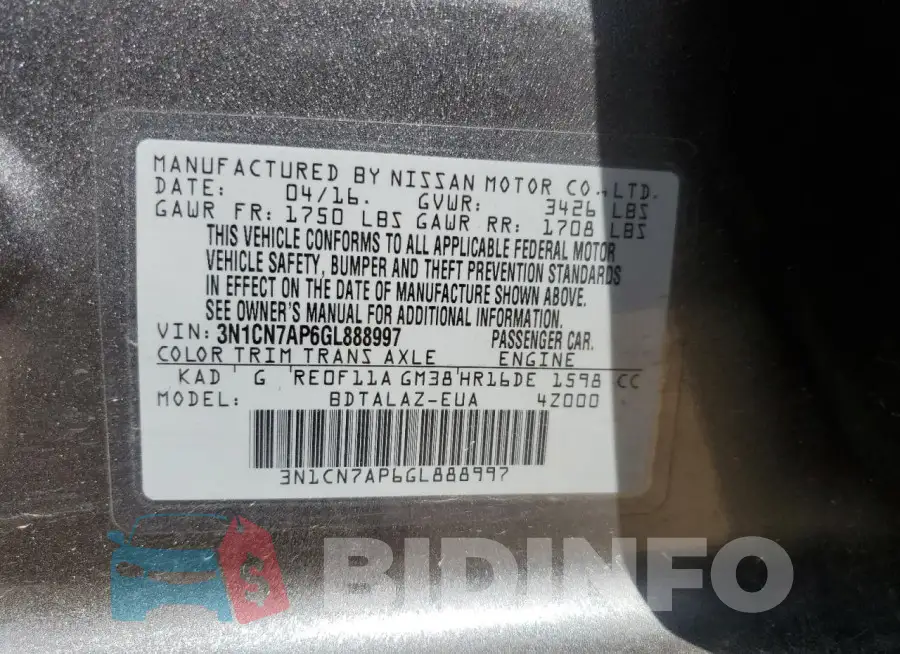 3N1CN7AP6GL888997 Photo# 13