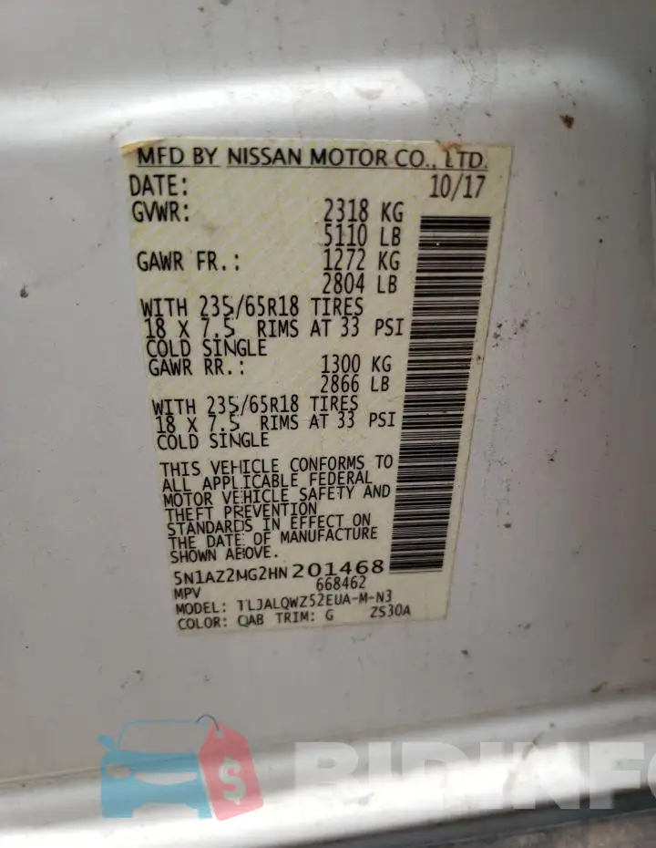 5N1AZ2MG2HN201468 Photo# 13