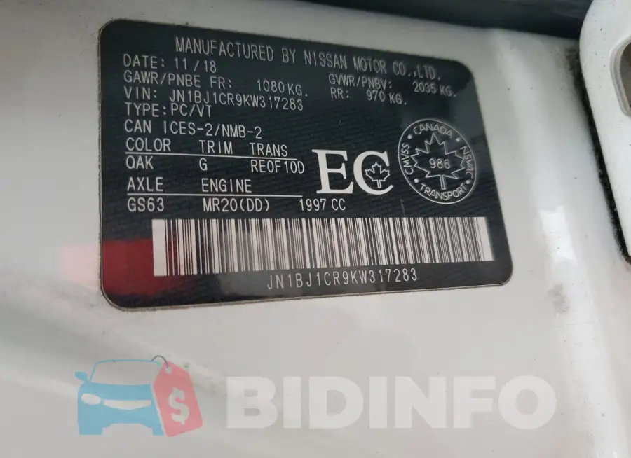 JN1BJ1CR9KW317283 Photo# 14