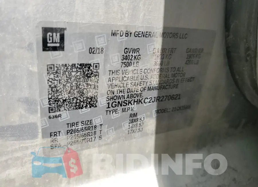 1GNSKHKC2JR270621 Photo# 14