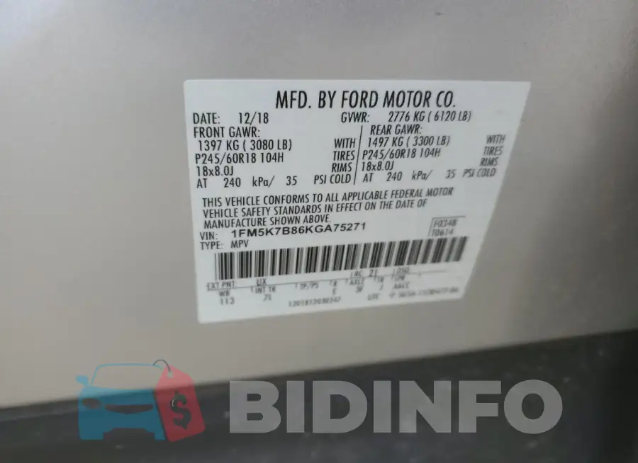 1FM5K7B86KGA75271 Photo# 13
