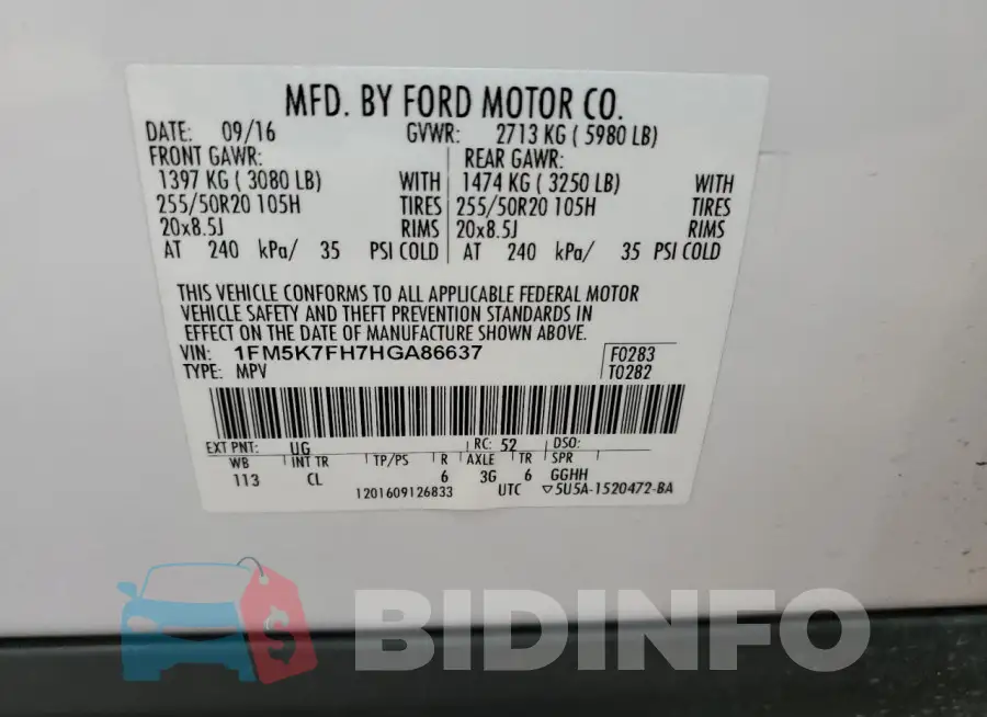 1FM5K7FH7HGA86637 Photo# 13