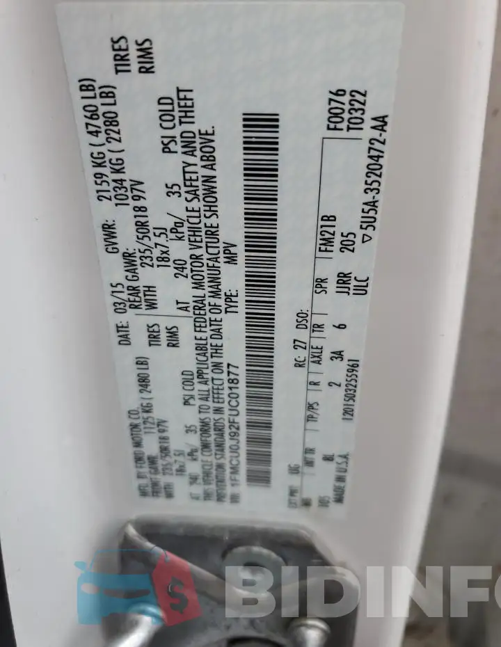 1FMCU0J92FUC01877 Photo# 13