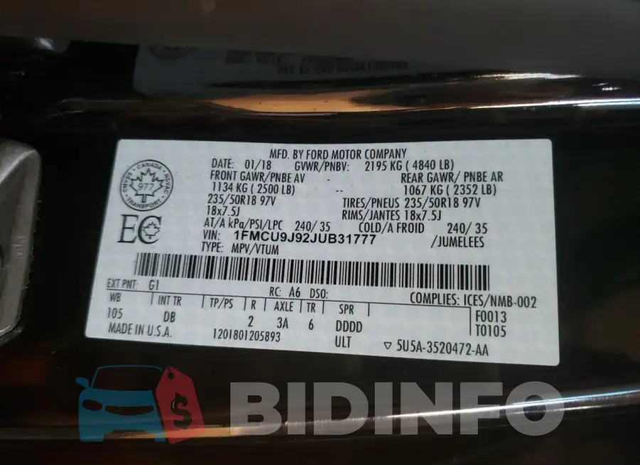 1FMCU9J92JUB31777 Photo# 14