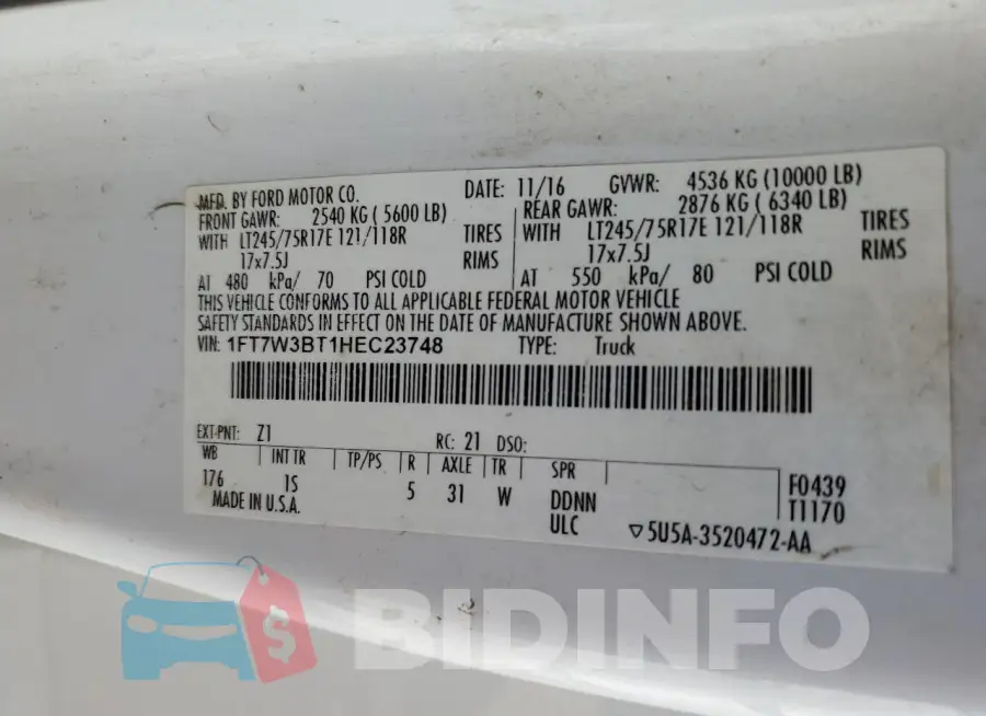 1FT7W3BT1HEC23748 Photo# 12