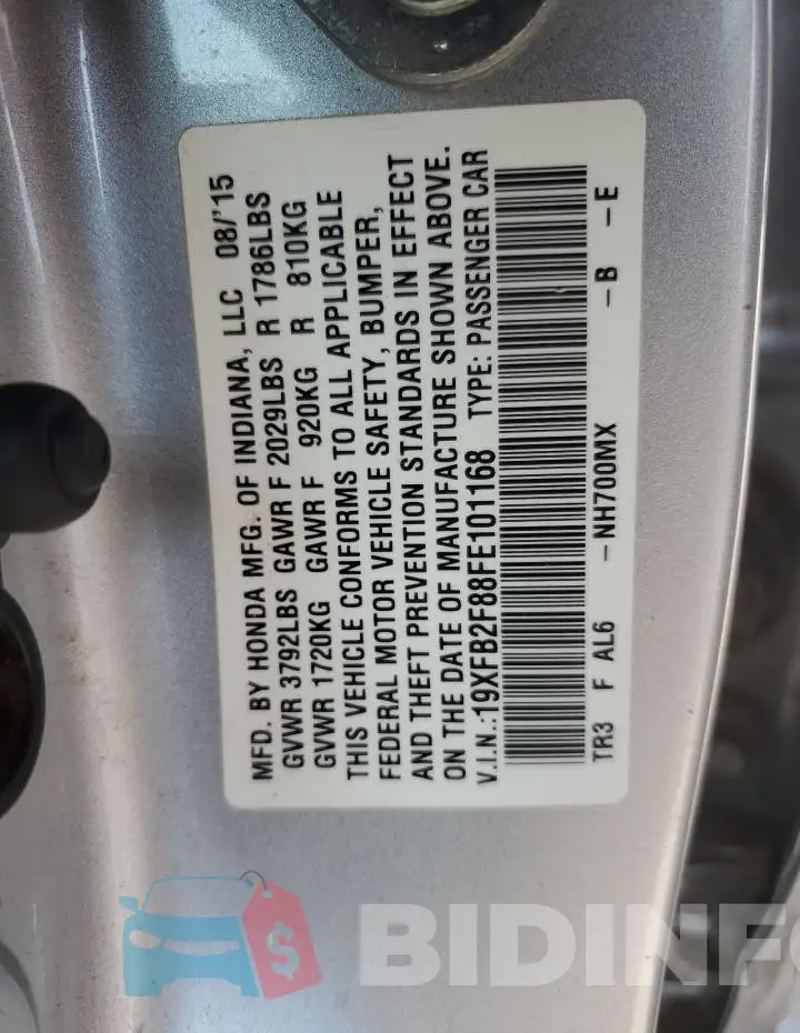 19XFB2F88FE101168 Photo# 12