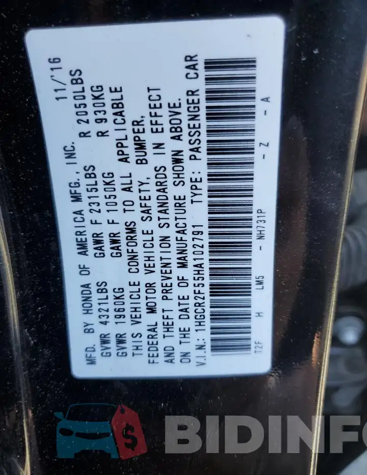 1HGCR2F55HA102791 Photo# 12