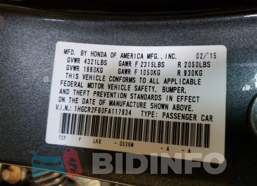 1HGCR2F80FA117934 Photo# 12
