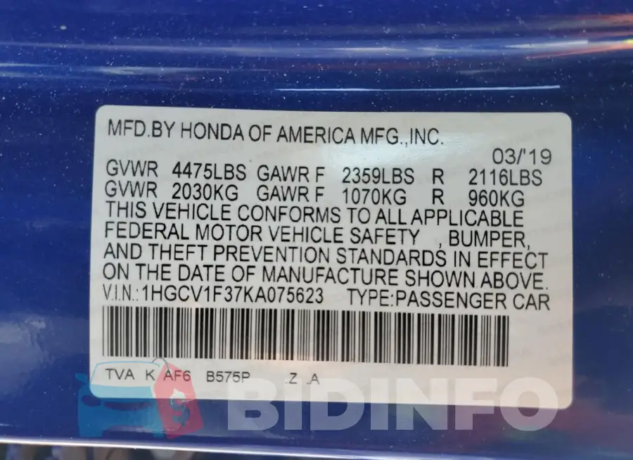 1HGCV1F37KA075623 Photo# 12