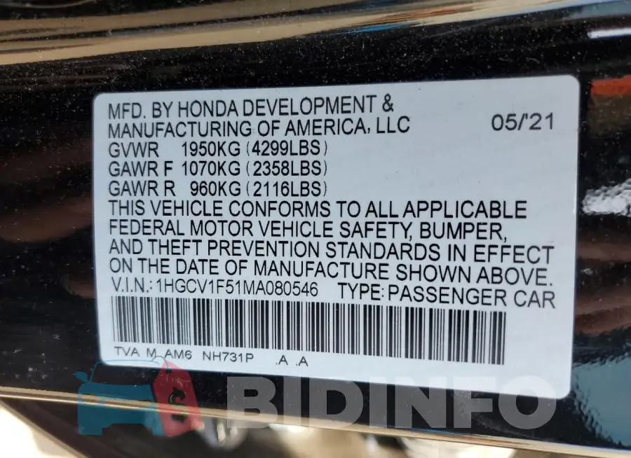 1HGCV1F51MA080546 Photo# 12