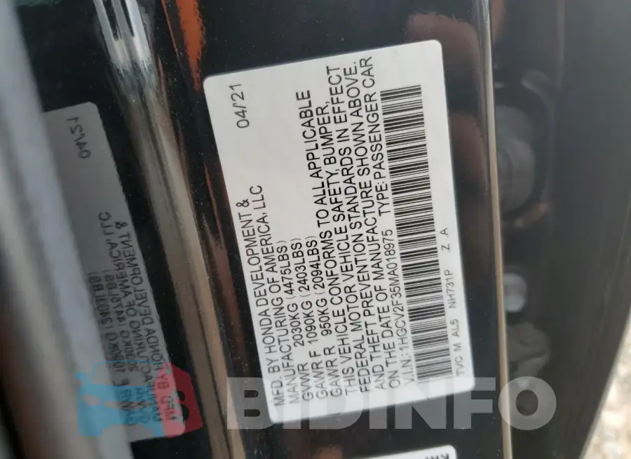 1HGCV2F35MA018975 Photo# 13