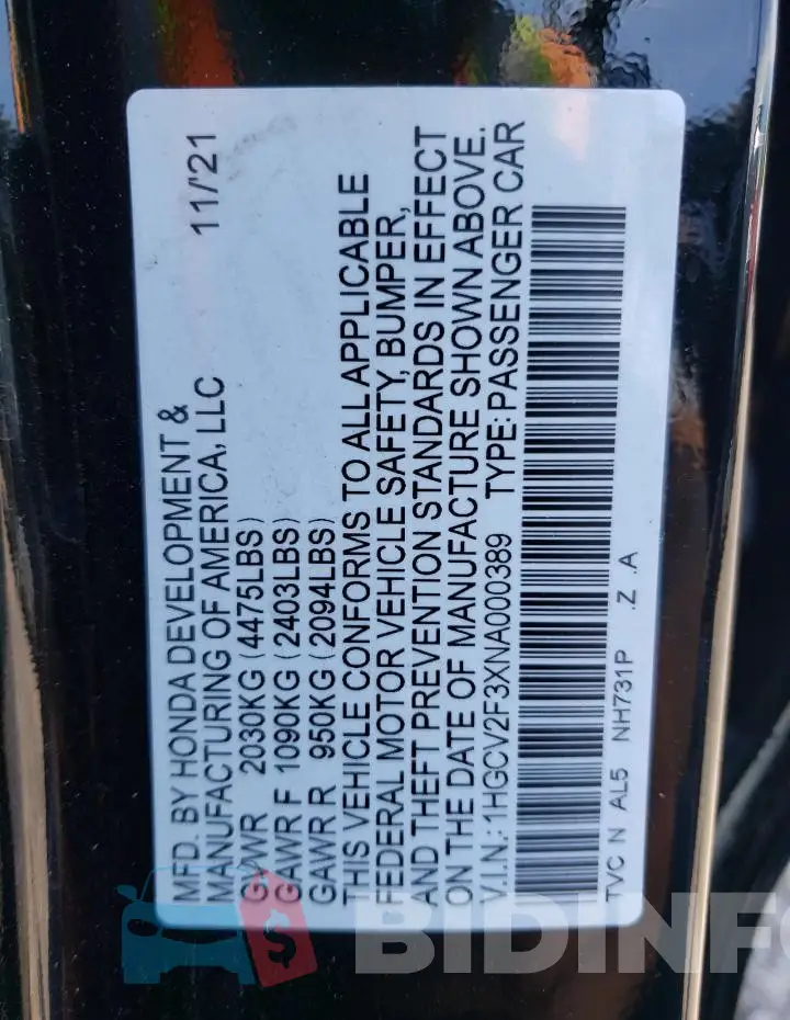 1HGCV2F3XNA000389 Photo# 12