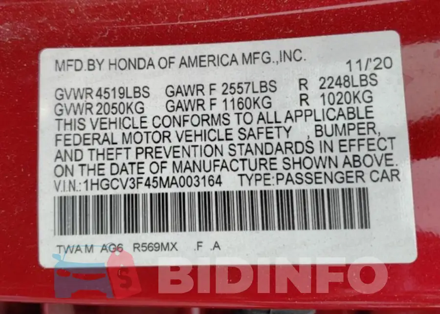 1HGCV3F45MA003164 Photo# 12