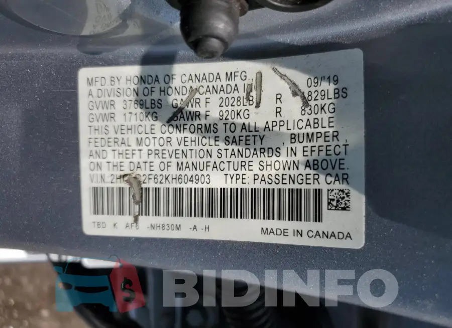 2HGFC2F62KH604903 Photo# 12