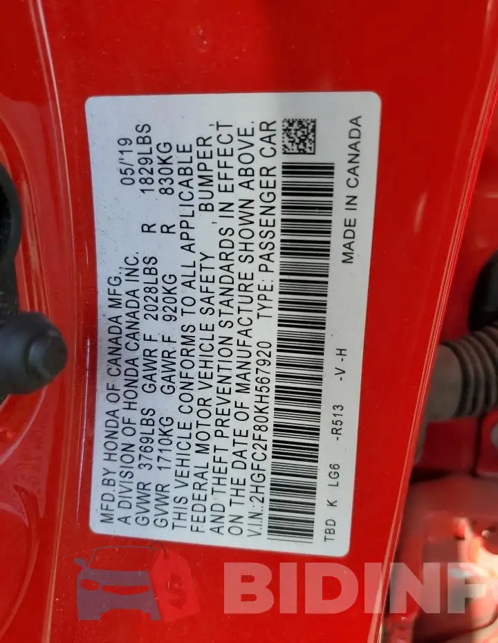 2HGFC2F80KH567920 Photo# 12