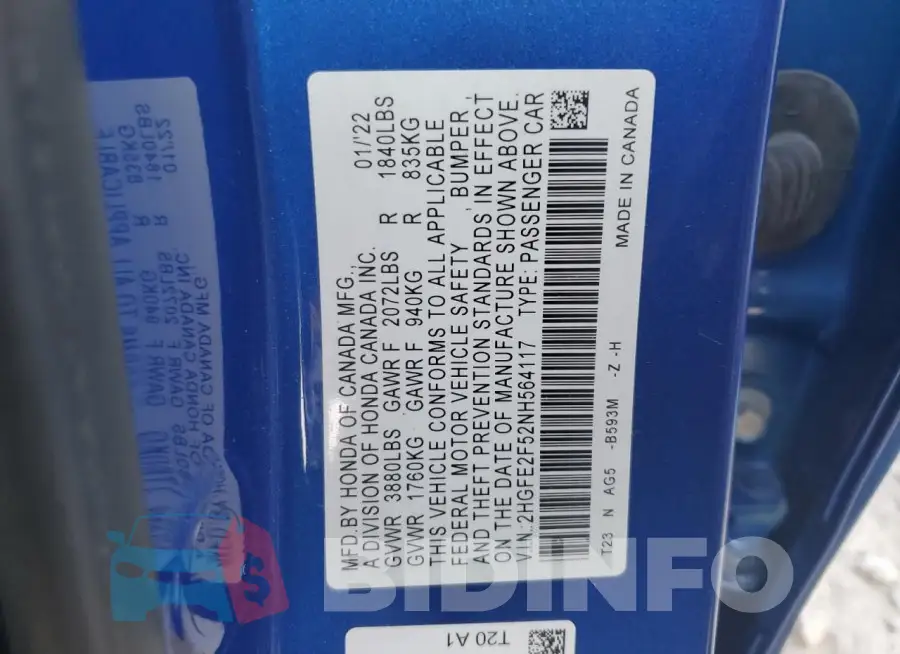 2HGFE2F52NH564117 Photo# 12