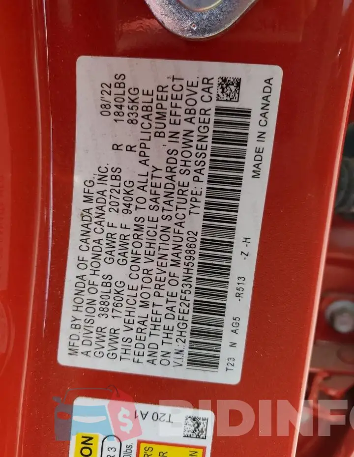 2HGFE2F53NH598602 Photo# 12