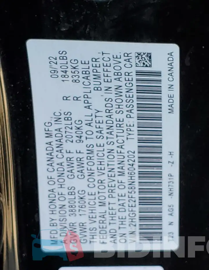 2HGFE2F58NH604202 Photo# 12