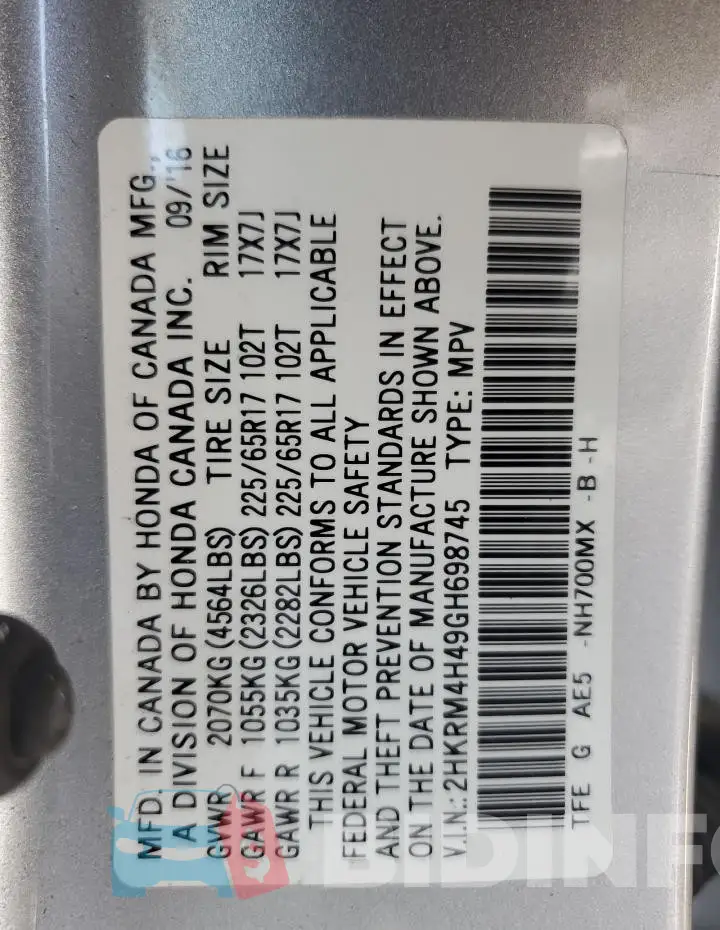 2HKRM4H49GH698745 Photo# 13