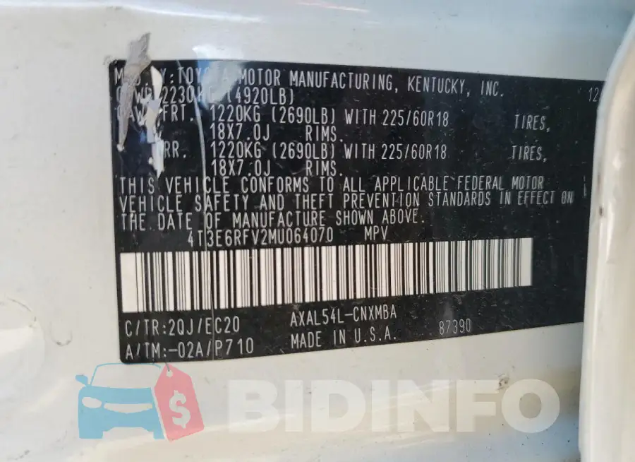 4T3E6RFV2MU064070 Photo# 13