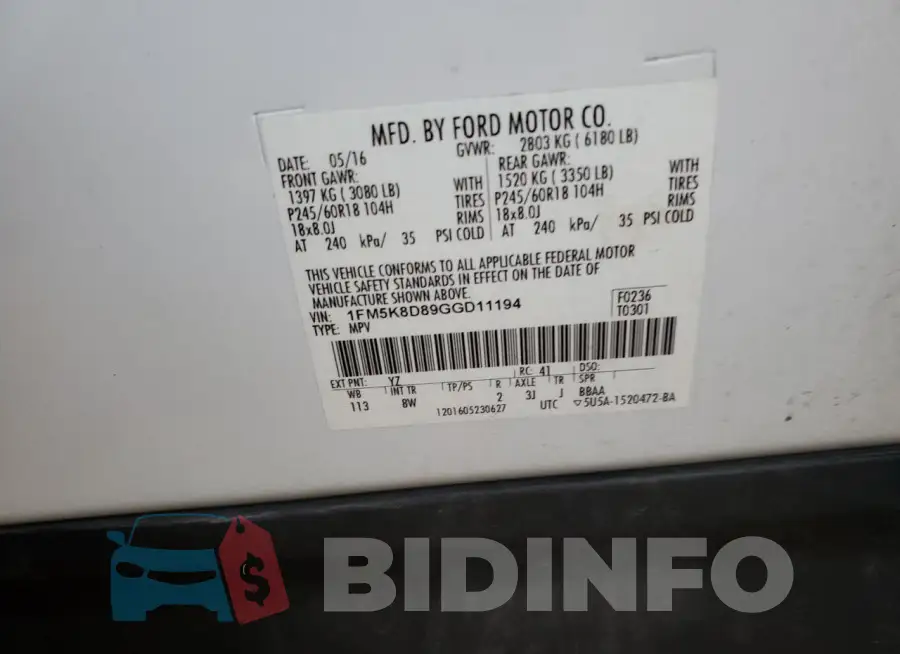 1FM5K8D89GGD11194 Photo# 12