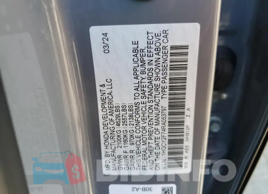 1HGCY2F74RA053797 Photo# 12